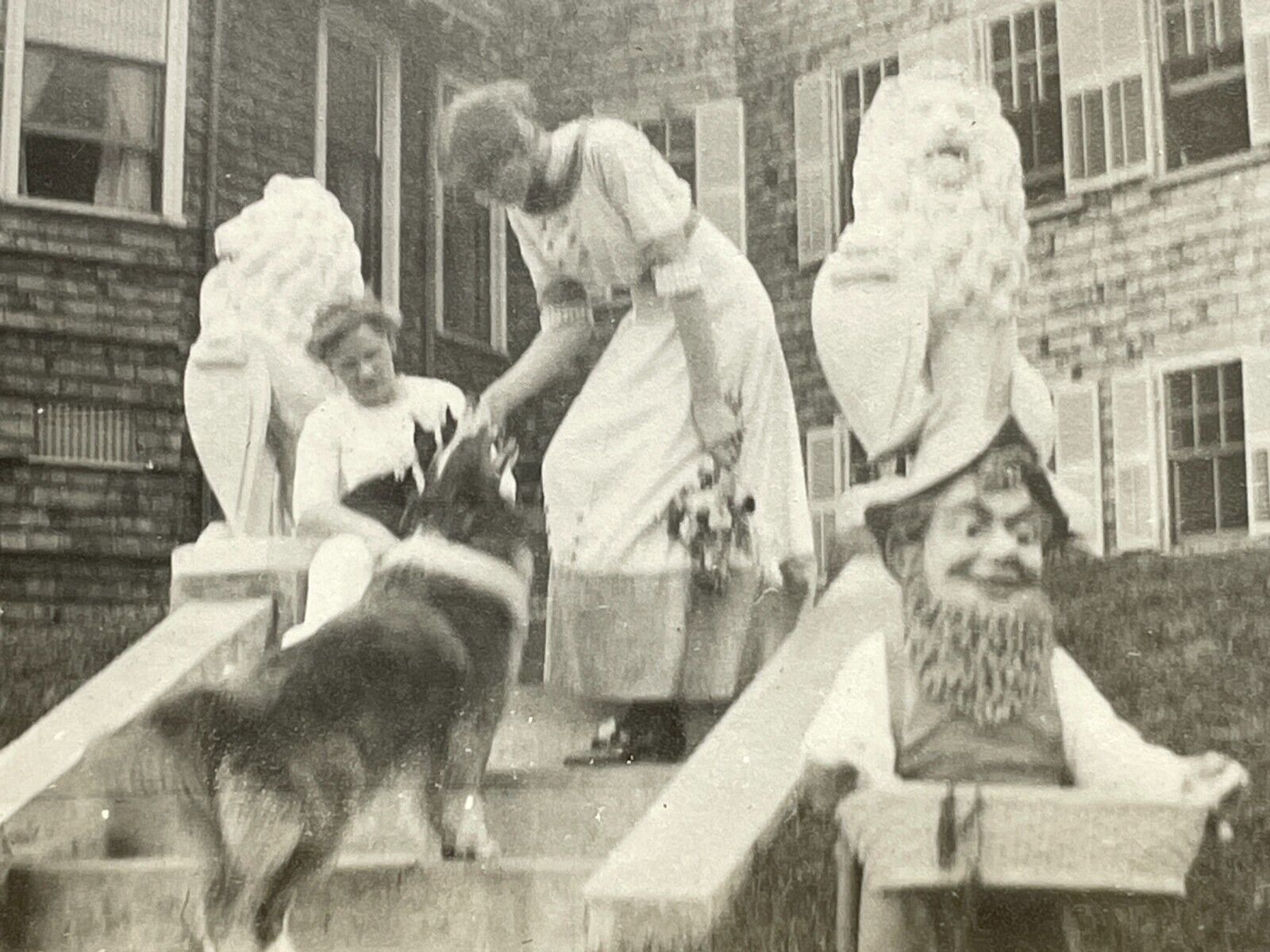 OA Photo Pretty Victorian Women Petting Dog Garden Gnome In Foreground 1910-20s