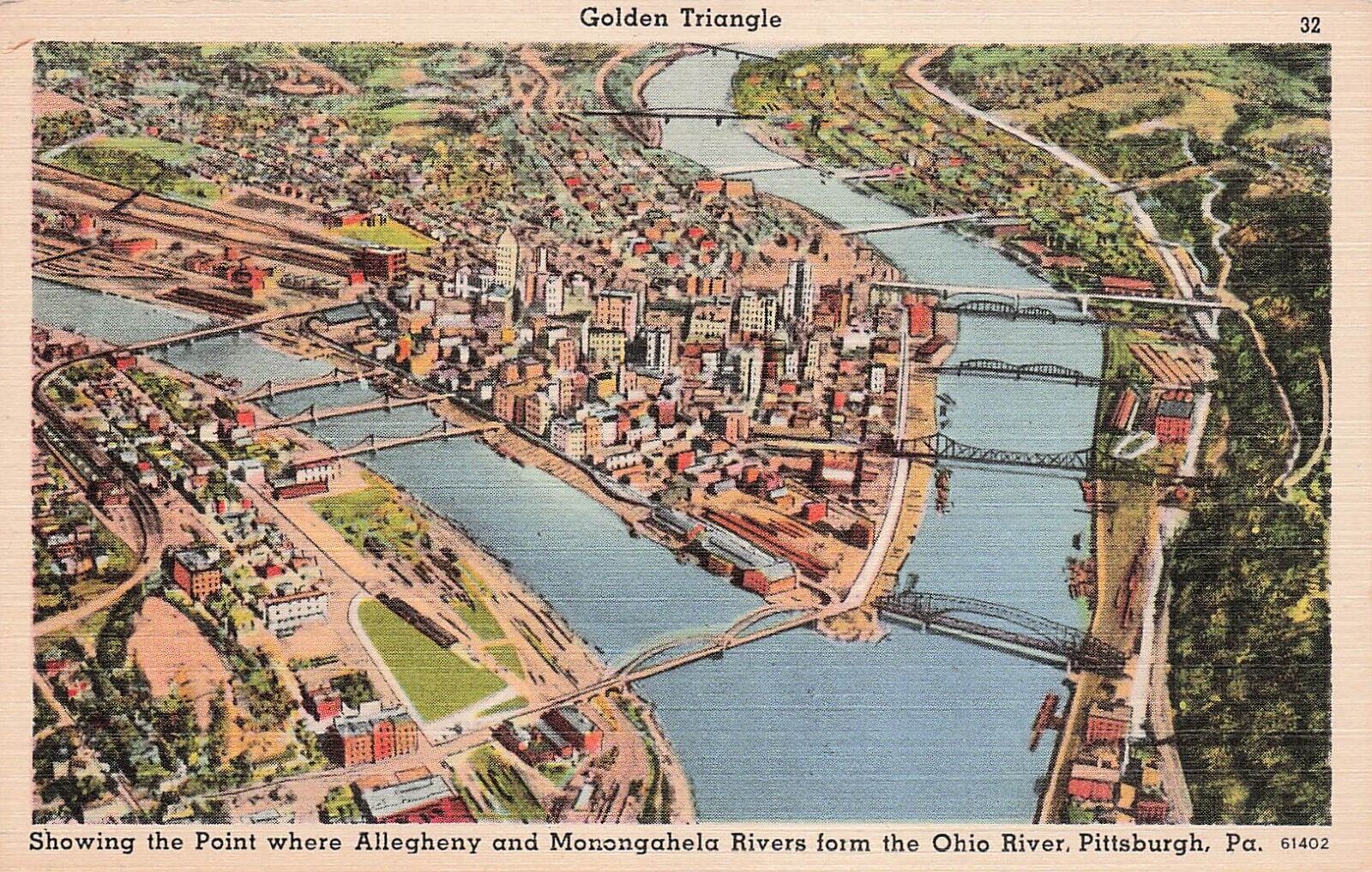 Pittsburgh PA Downtown Aerial View Golden Triangle 1930s Linen Vtg Postcard E12