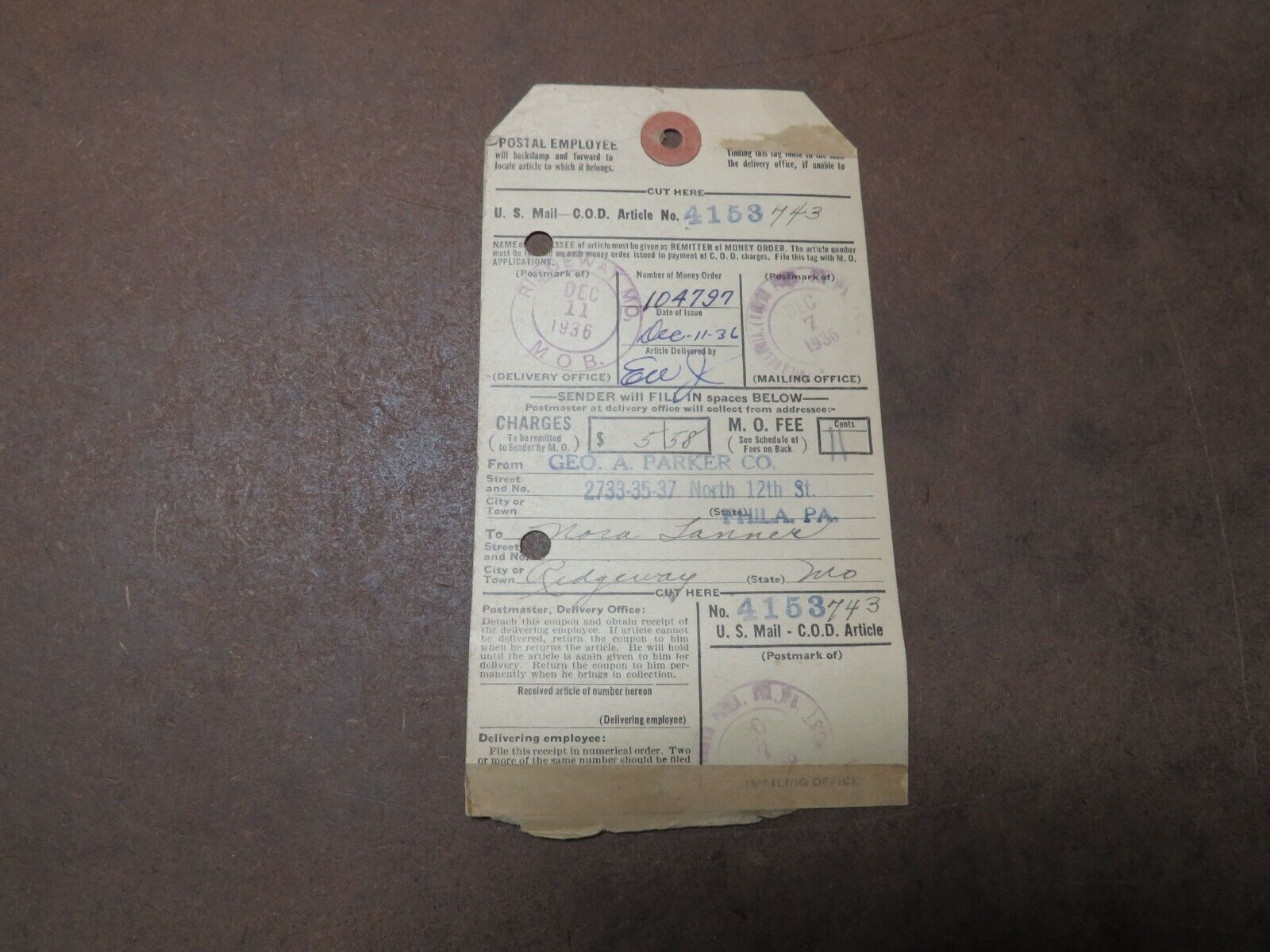 1936 Postal Luggage Shipping tag Ridgway Mo. Receipt Check Payment record log