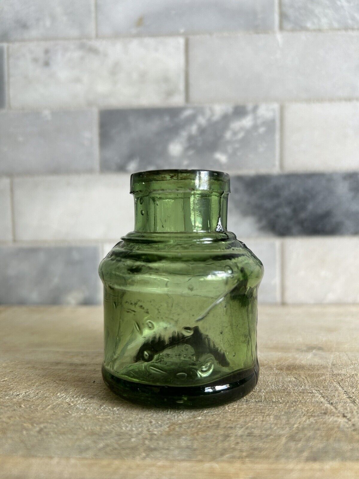 Early 1900’s Spool Inkwell GREEN Antique Ink Bottle