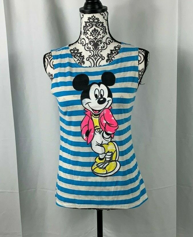 Youth XL Disneyland Tank Top Blue White Striped Mickey Mouse High Low hem GUC 