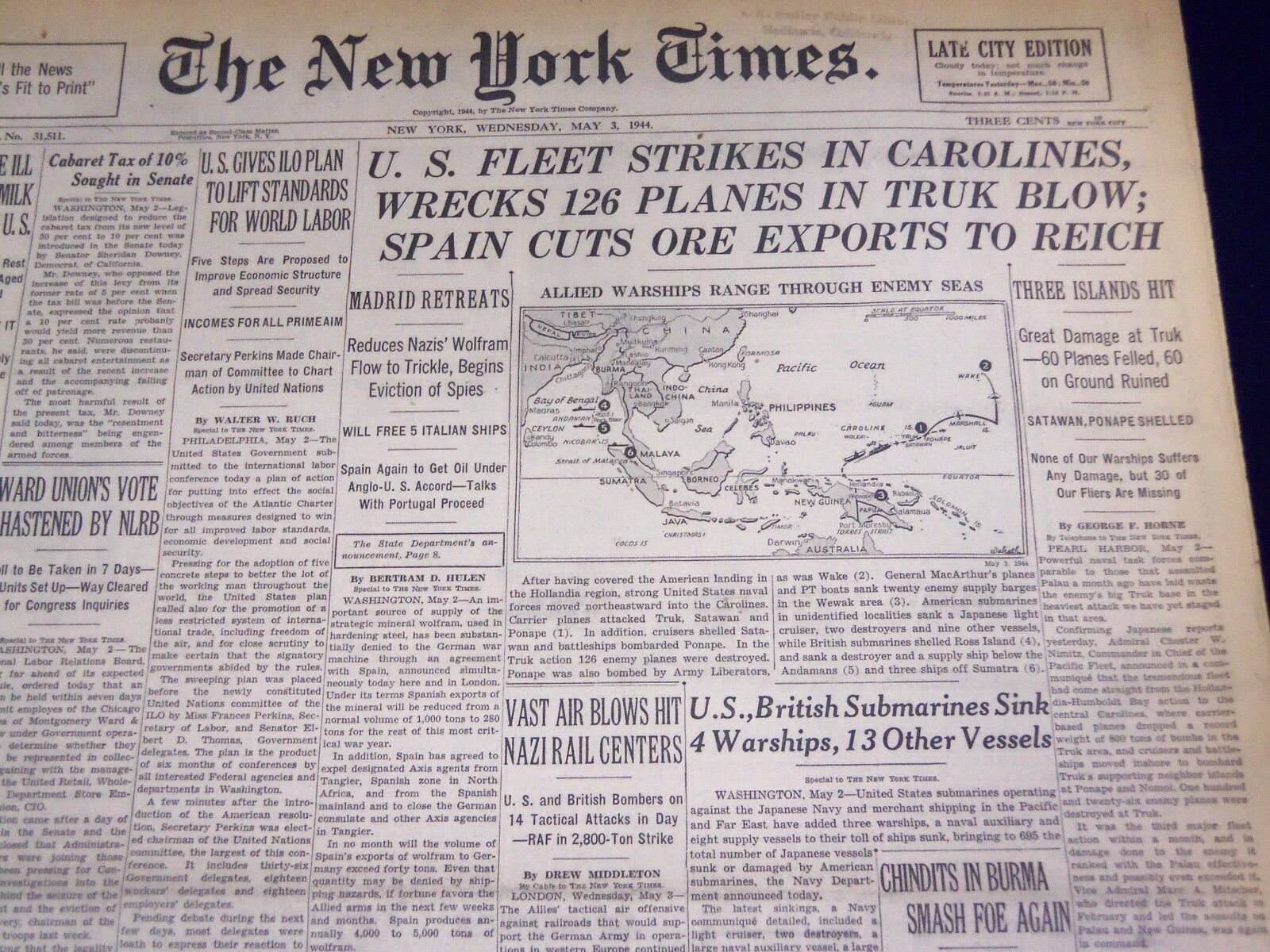 1944 MAY 3 NEW YORK TIMES - U. S. FLEET WRECKS 126 PLANES IN TRUK BLOW - NT 1730