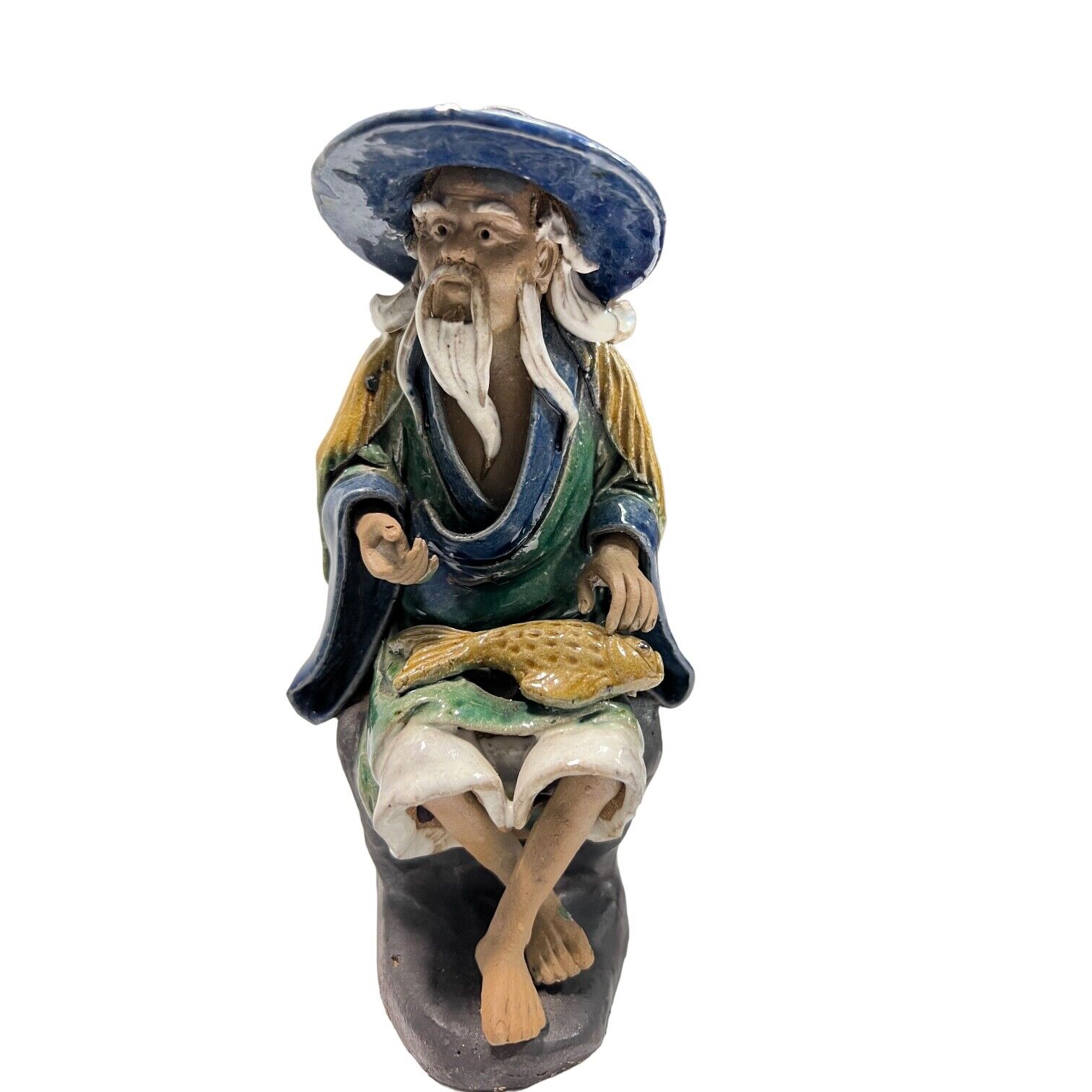Vintage Shiwan Chinese Asian Ceramic Figurine Fishing Mudman With Fish Blue
