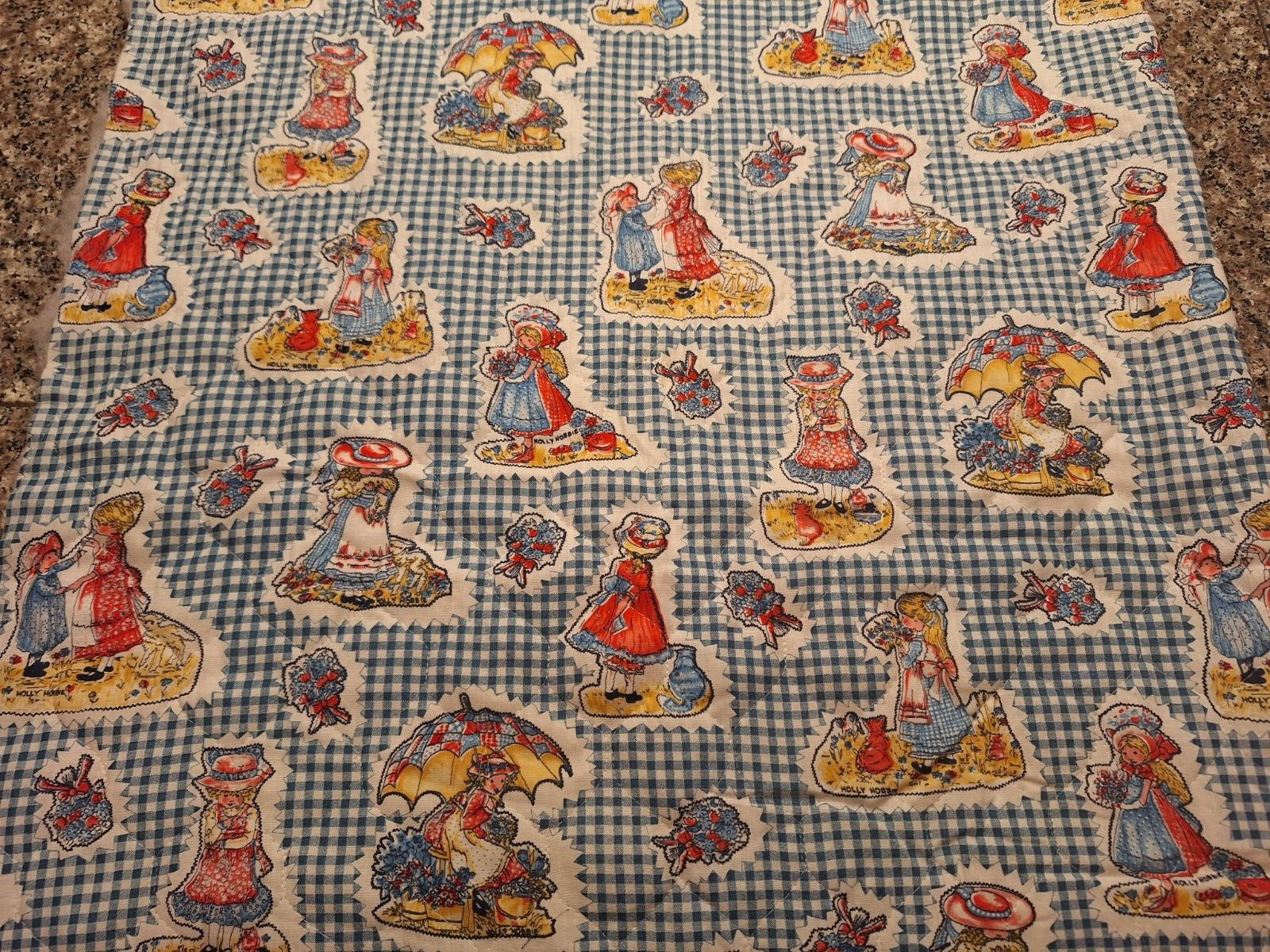 1 3/4 YDS VINTAGE 70\'S HOLLY HOBBIE QUILTED FABRIC  BLUE/WHITE CHECK