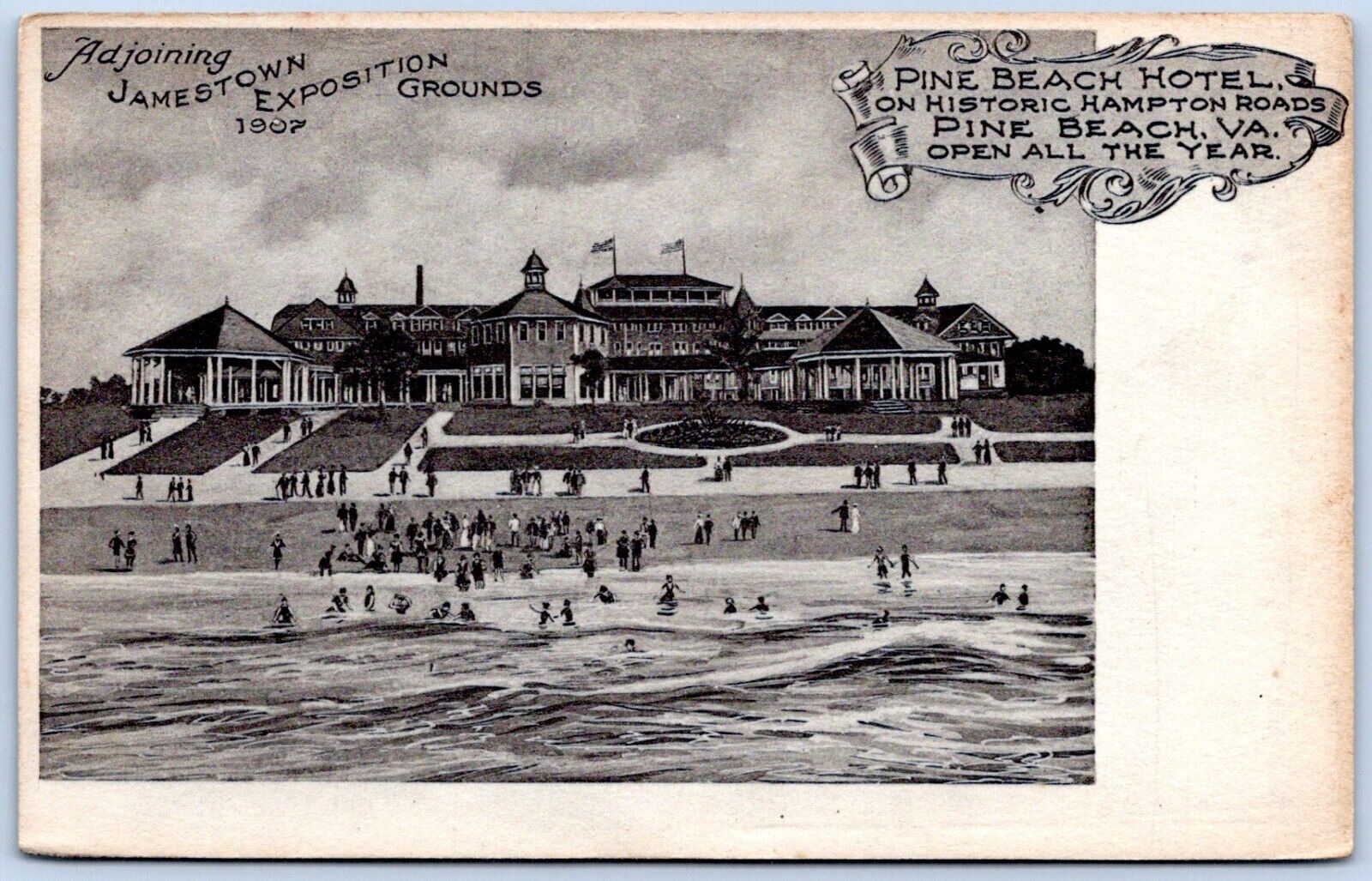 Postcard VA Virginia Pine Beach Hotel Hampton Roads Jamestown UDB P5E