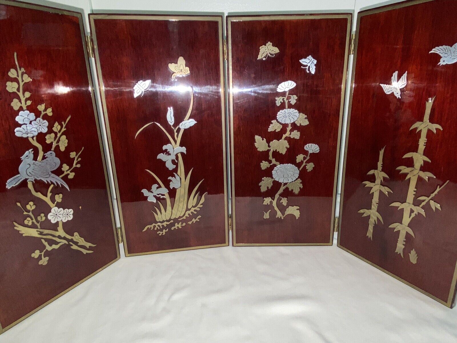 Korean 4 Panel Lacquer Table Screen Inlaid Metal Four Seasons Flowers 12” Tall