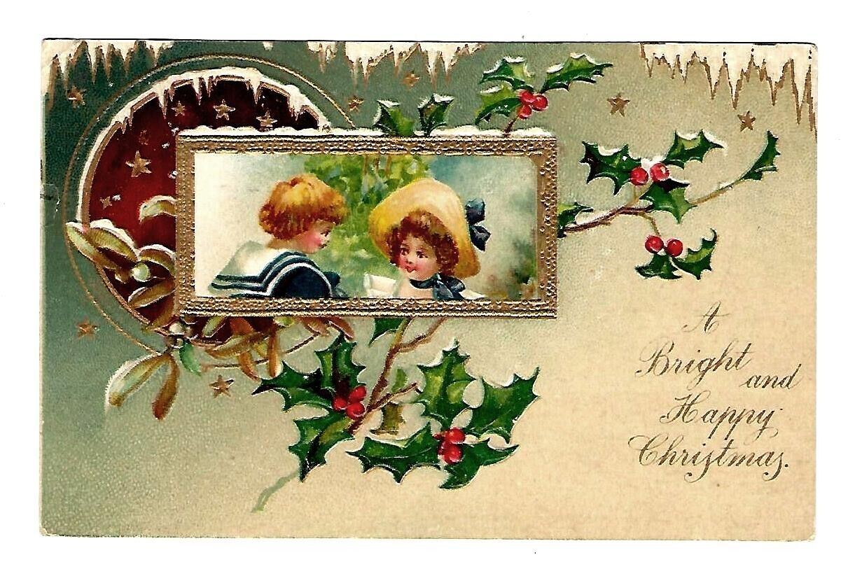 c1908 Int'l Art #776 Christmas Postcard Boy & Girl in Gold Frame, Embossed