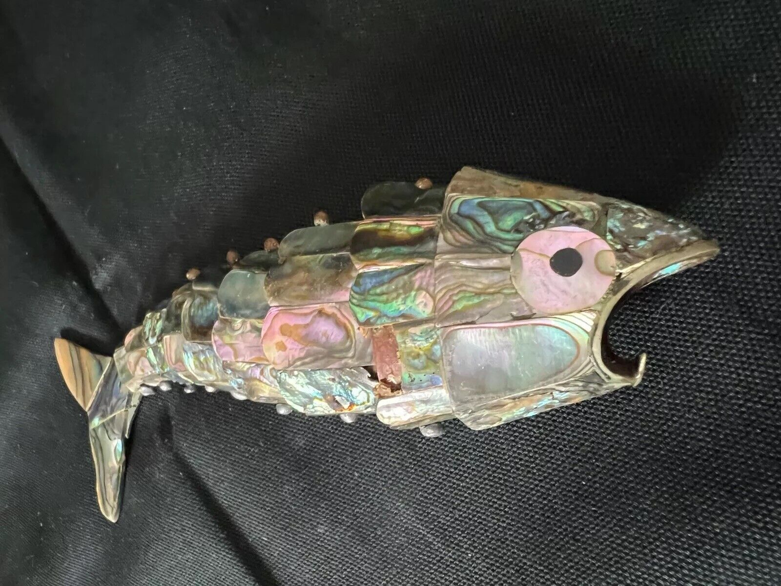 Vtg Los Castillo Abalone Articulated Stone Brass Fish Bottle Opener Rare Mexico