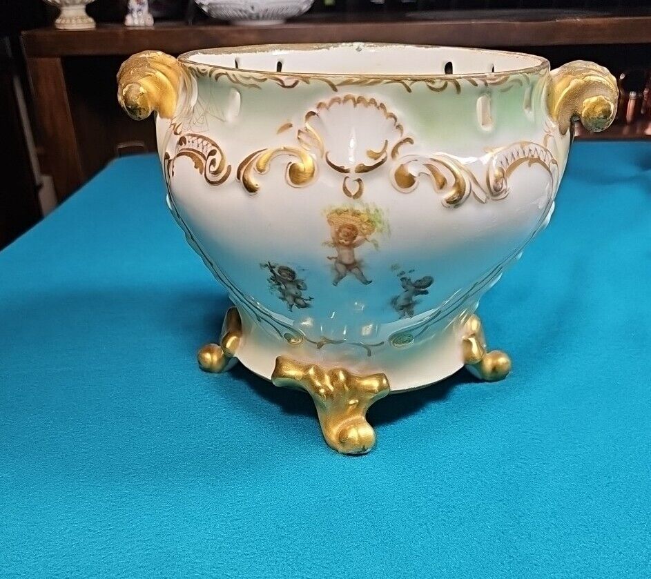 Late 1800s French Footed Gilt Limoges Large Hand Painted Jardiniere Vase Rare 