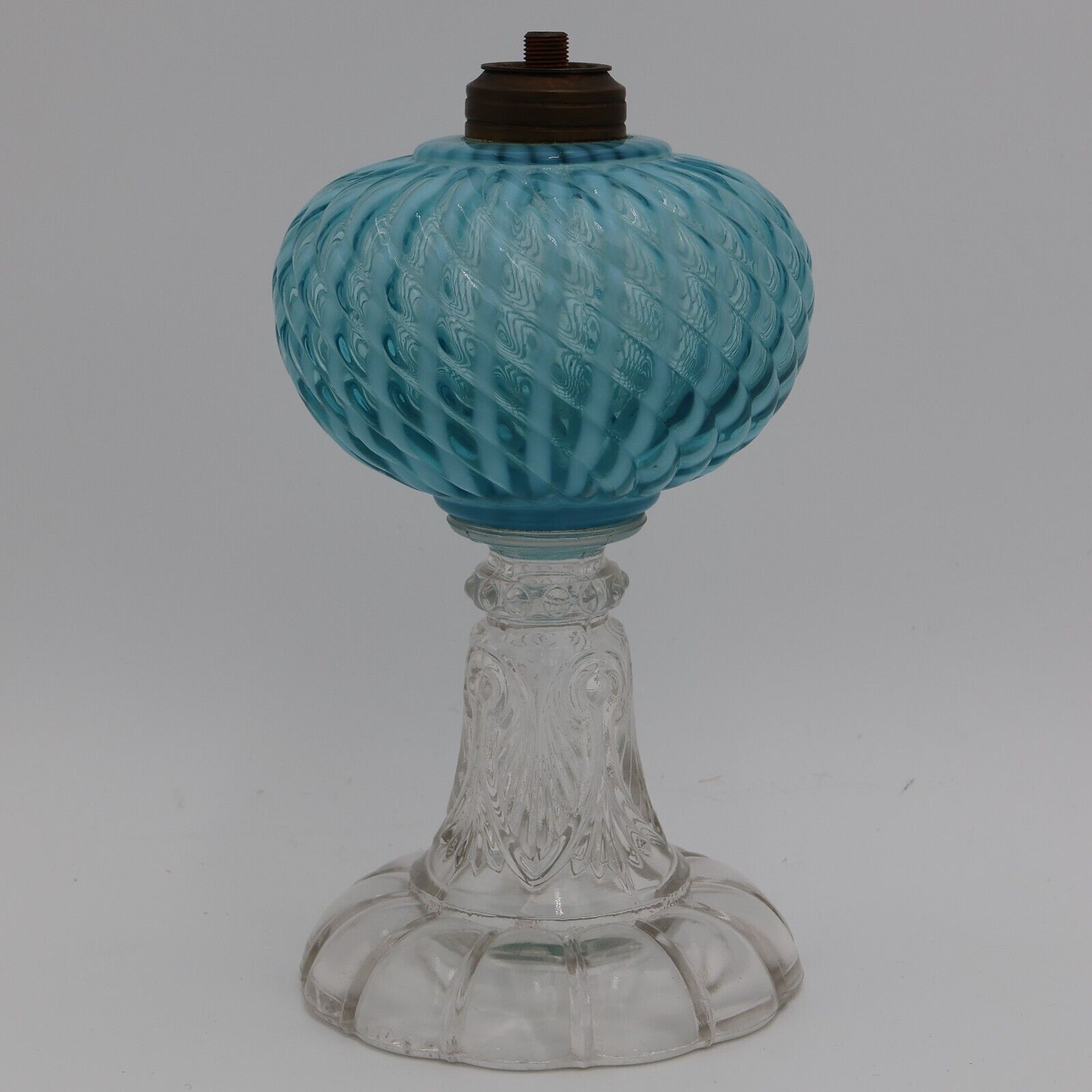 Hobbs Sheldon Swirl OIL LAMP Blue Opalescent Glass Antique Victorian c1880s