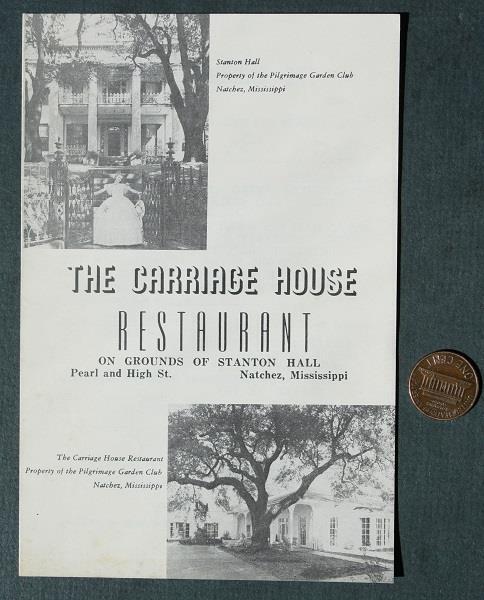 1960s Era Natchez Mississippi The Carriage House Restaurant Menu Stanton Hall --
