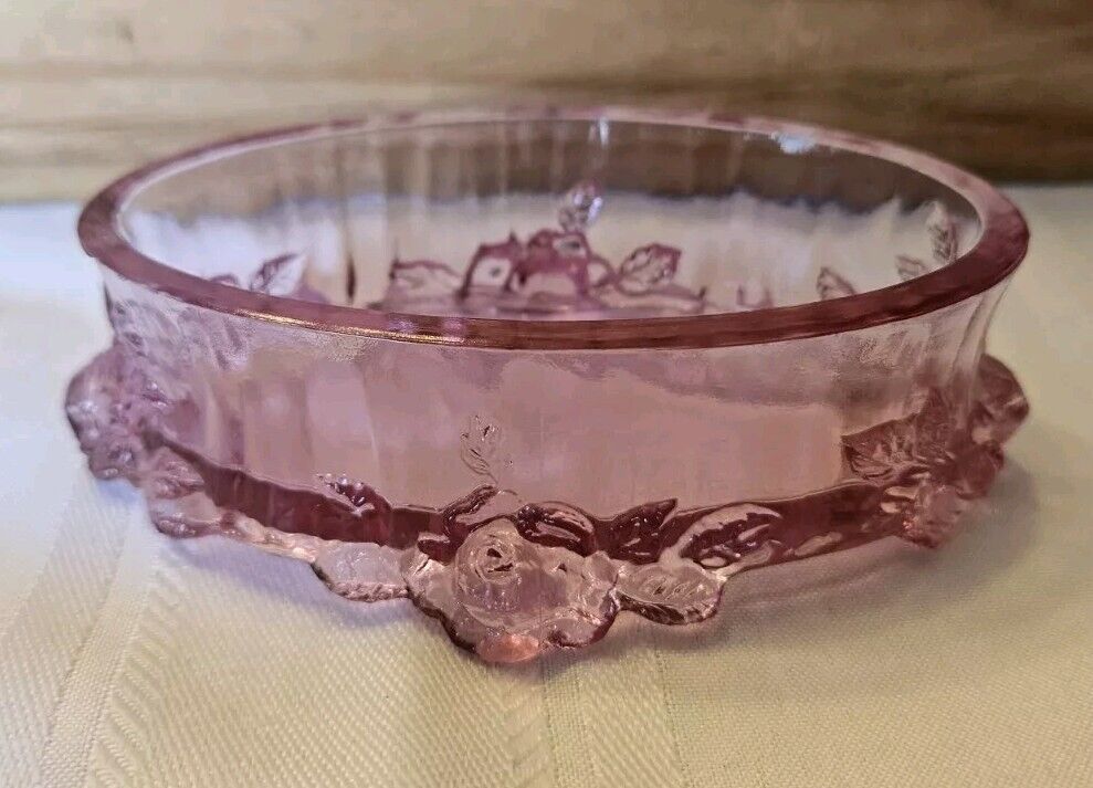 Vintage Fenton Glass Rose Floral Pink Glass Trinket Dish Base Missing Lid
