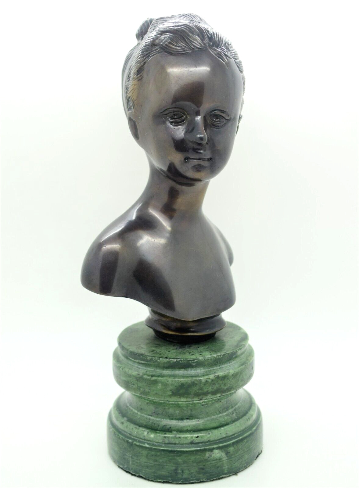 Antique French Bronze Bust Female Girl Green Marble Base 10\