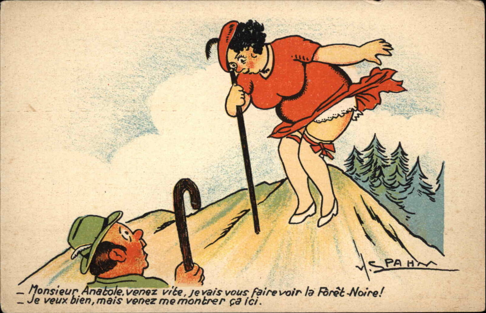 A/S V Spahn Risque French Comic Woman\'s Skirt Flies Up Vintage Postcard
