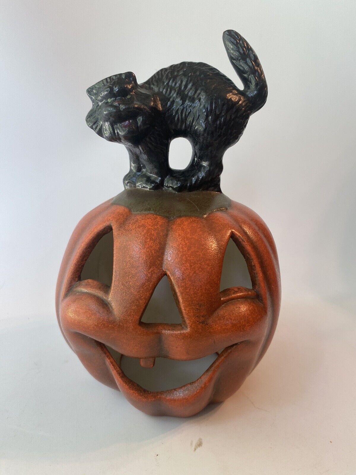 Halloween VTG Black Scaredy Cat Jack O’Lantern Ceramic Pumpkin 8”