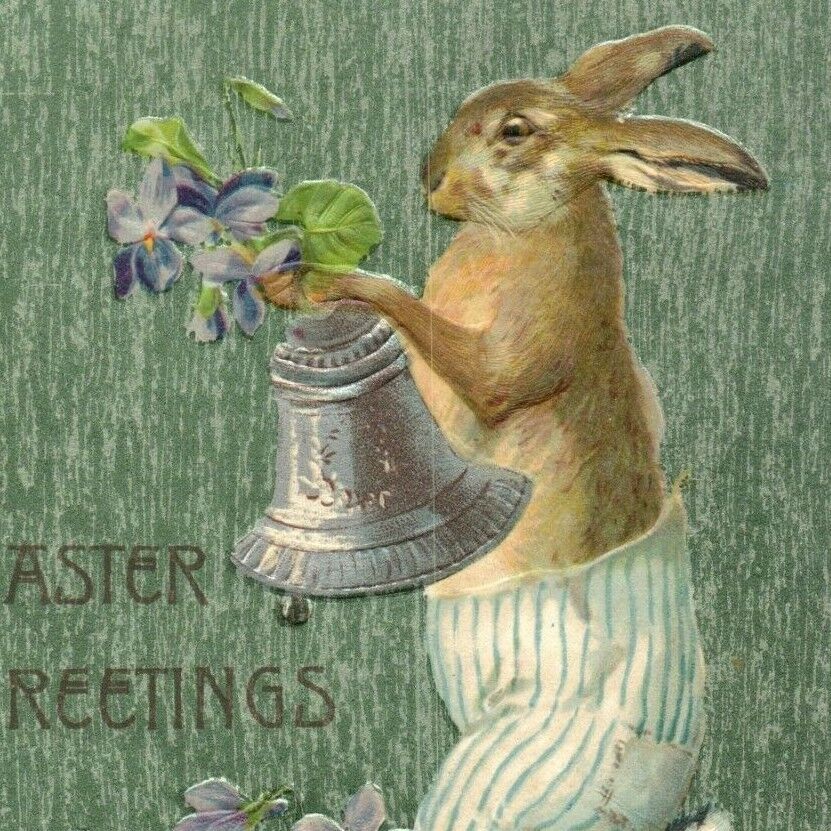 c.1911 Easter Greetings Postcard Anthropomorphic Bunny in Pants Carrying Bell