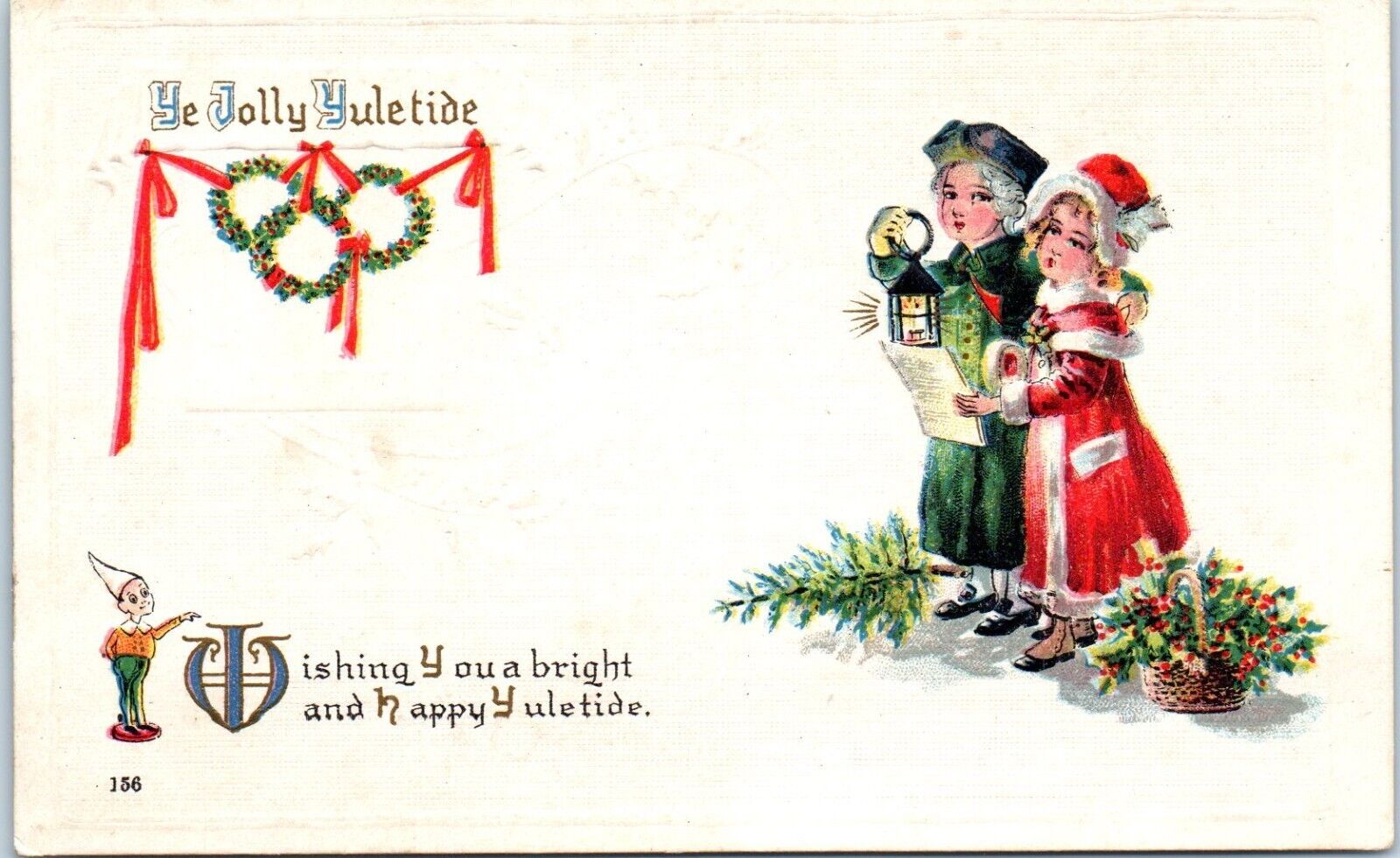 Ye Jolly Yuletide Postcard  Two Children Caroling 1913 Embossed Postcard