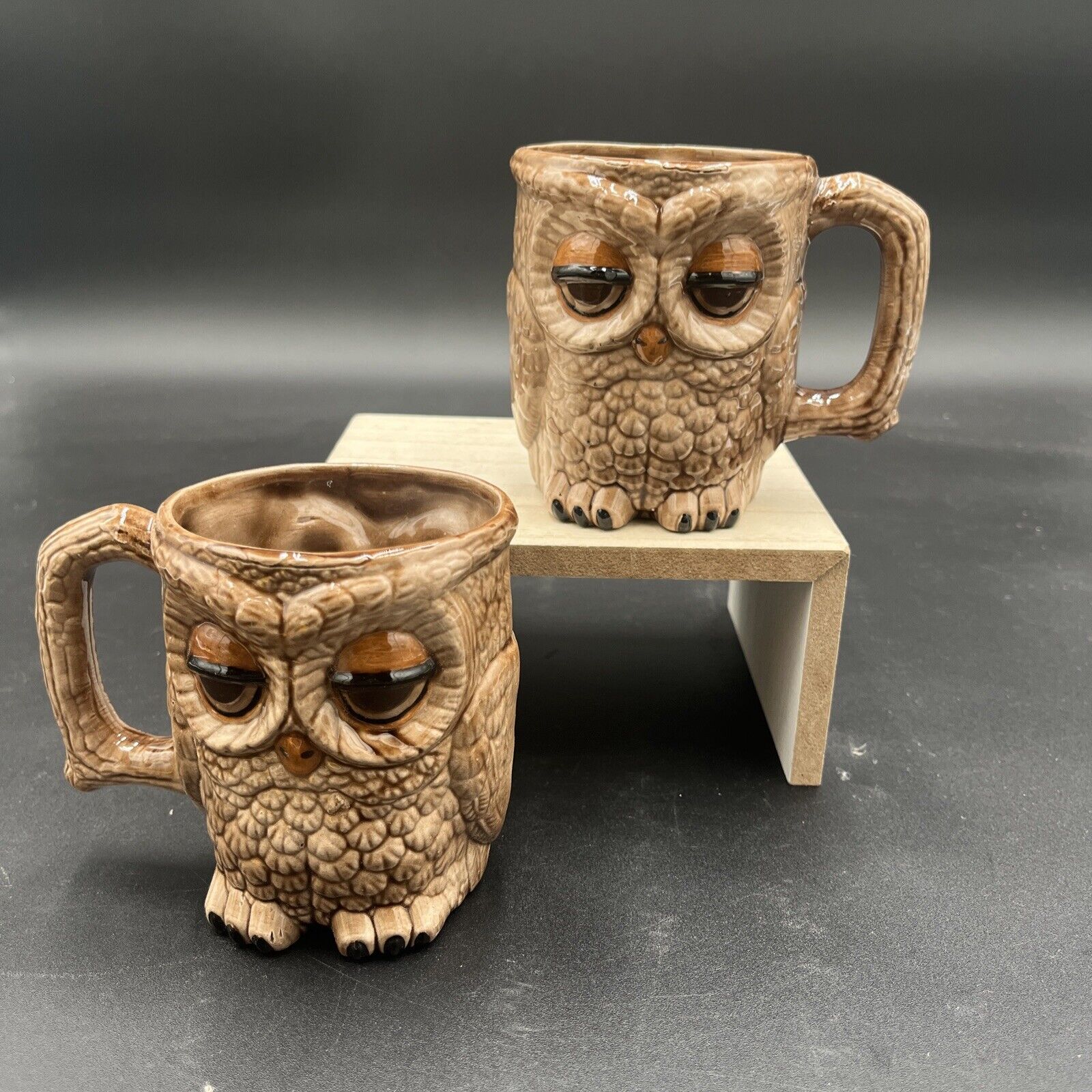 VINTAGE OWL CERAMIC COFFEE CUP MUG RETRO BROWN TWO SIDED 70s