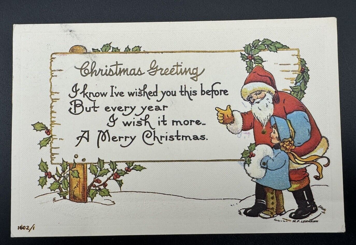 Vintage Christmas Greetings Postcard Santa Girl  1970 Reproduction