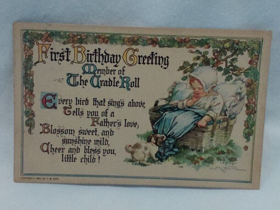 1922 First Birthday Greeting Birthday Post Card C. M. Burd Baby In Basket Puppy 