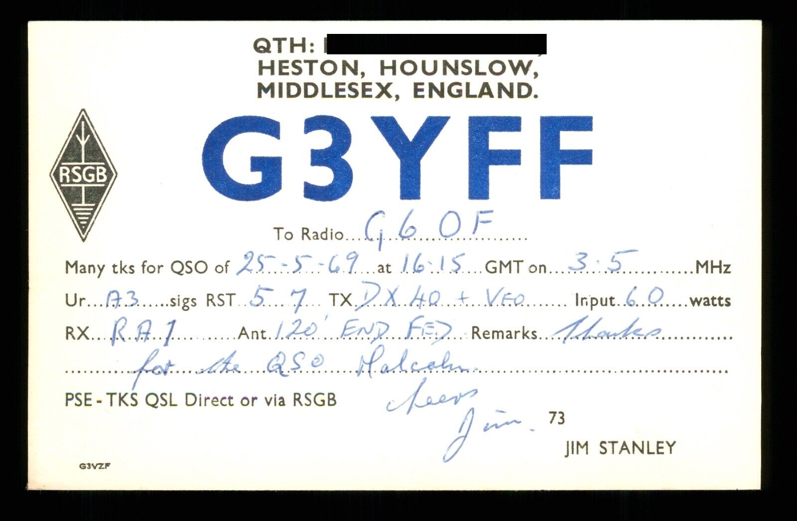 1 x QSL Card Radio UK G3YFF 1969 Heston Hownslow Middlesex ≠ A535