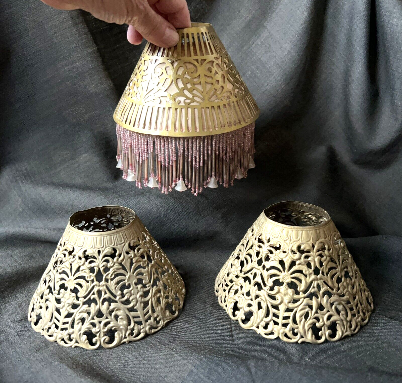 Antique  Reticulated/Pierced Art Nouveau Metal Lamp Shades, Beaded Fringe Insert