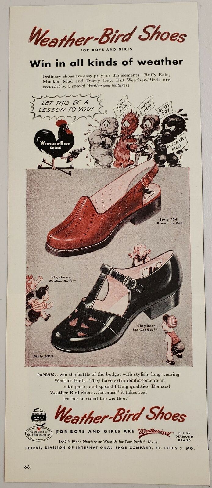 1947 Print Ad Weather-Bird Kid\'s Shoes Rooster Holds Gun St Louis,Missouri