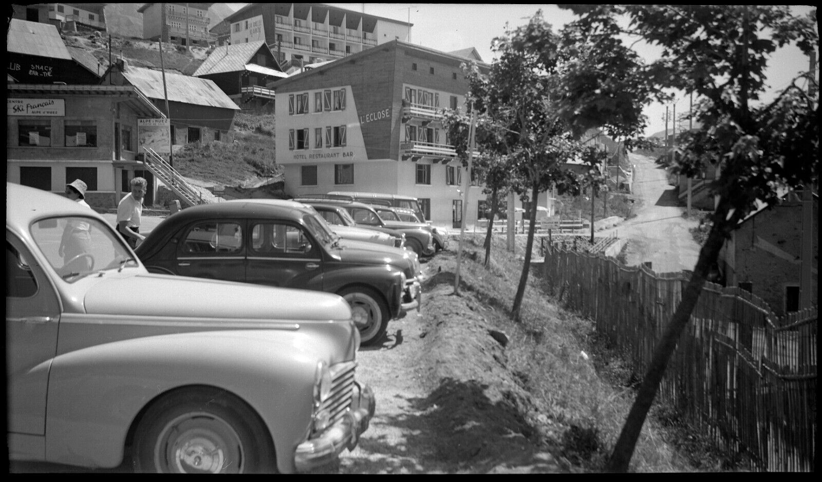 Landscape Alpes d\'Huez l\'Eclose Peugeot cars - old photo negative year 1950