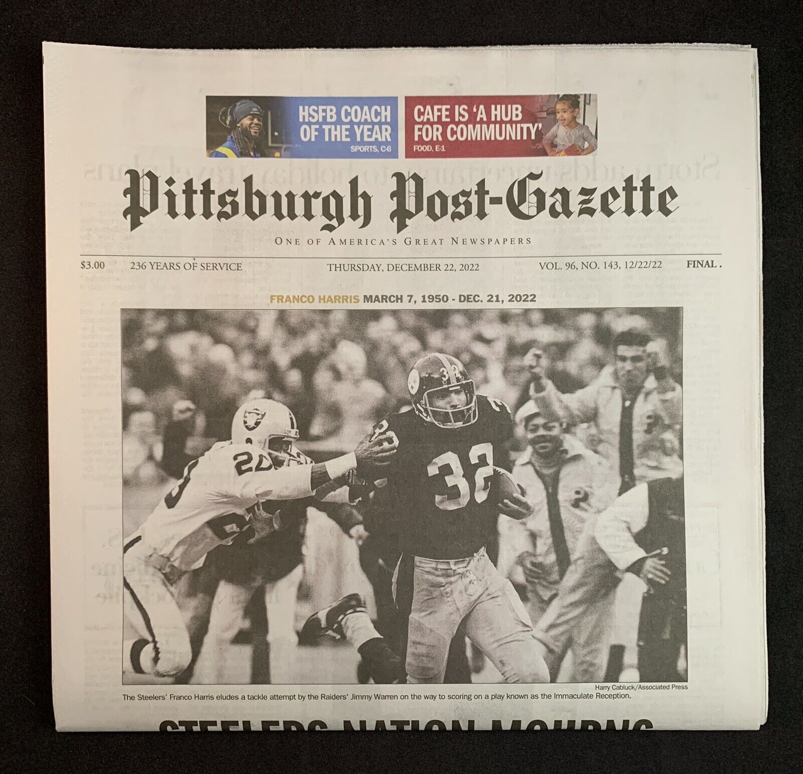 Pittsburgh Post-Gazette Newspaper Franco Harris Steelers Memorial Issue NFL