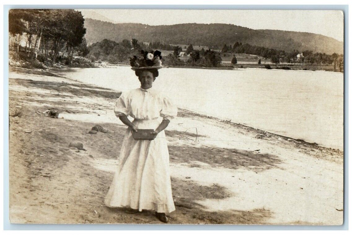 1908 Lady Standing On Beach Shore Schroon Lake New York NY RPPC Photo Postcard