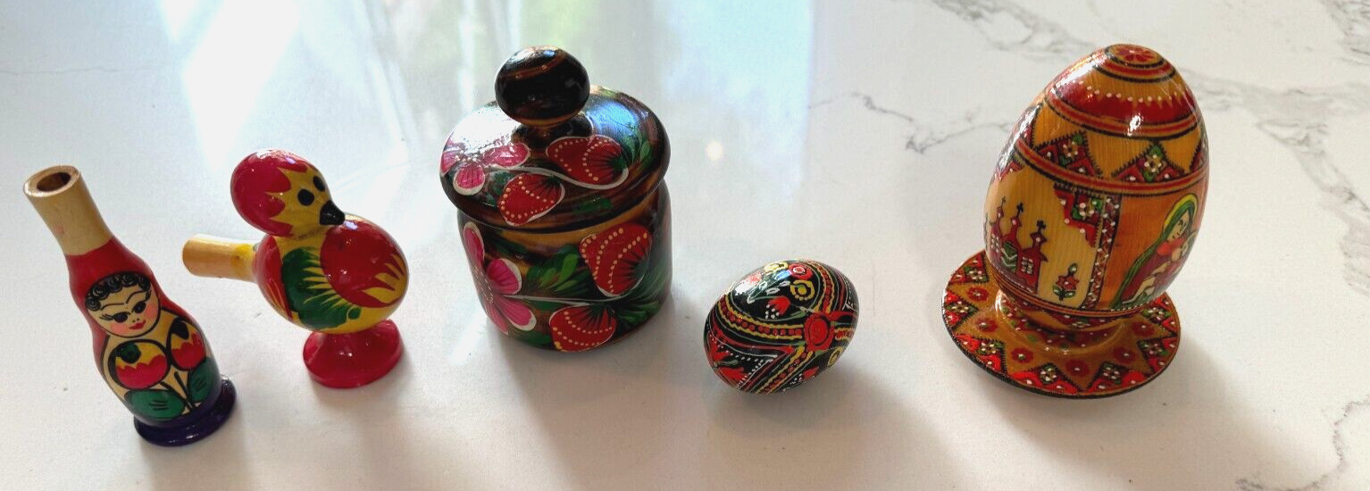 5 Russian Hand Painted Wood Sugar/Salt Bowl Nativity Egg Bird Girl Whistles Lot