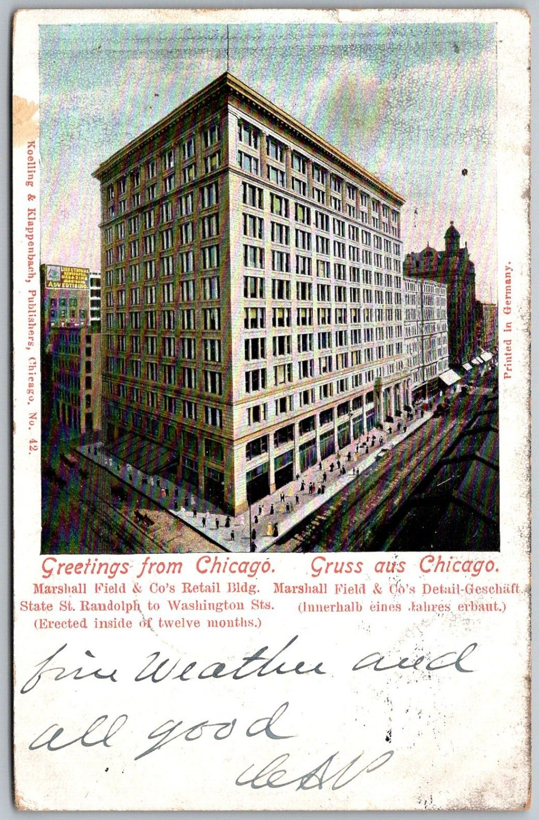 Chicago Illinois 1904 Gruss Aus Greetings Postcard Marshall Field Store