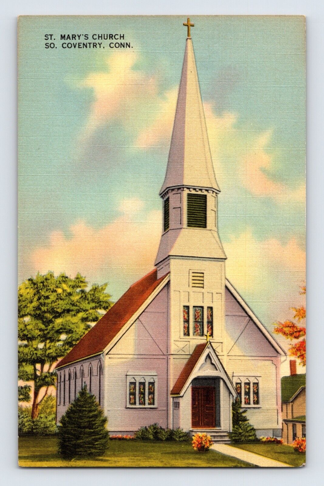 Postcard Connecticut South Coventry CT St Mary Church 1940s Linen Unposted