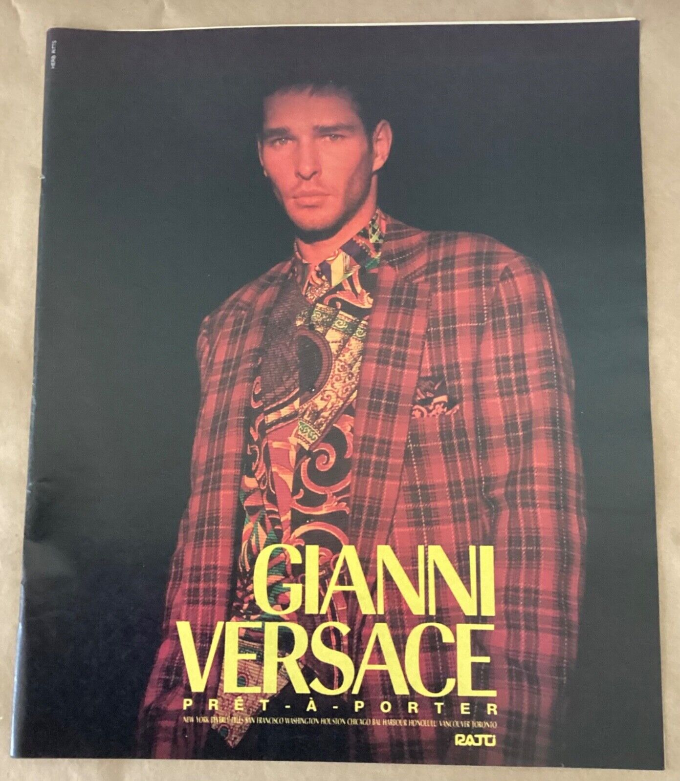 Gianni Versace print ad 1991 original vintage 1990s model photograph men\'s shirt