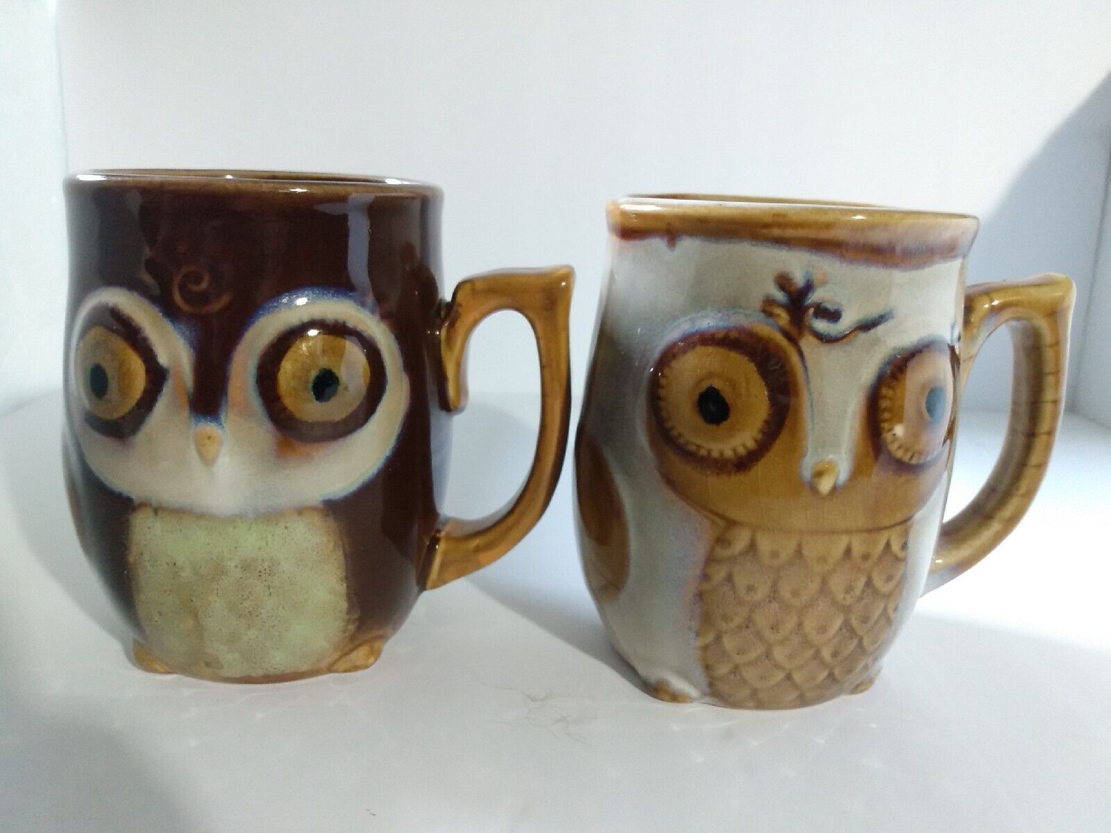 2 GIBSON Owl Hand Painted Brown & Tan Drip Coffee Mugs Tea Cups Pottery Adorable