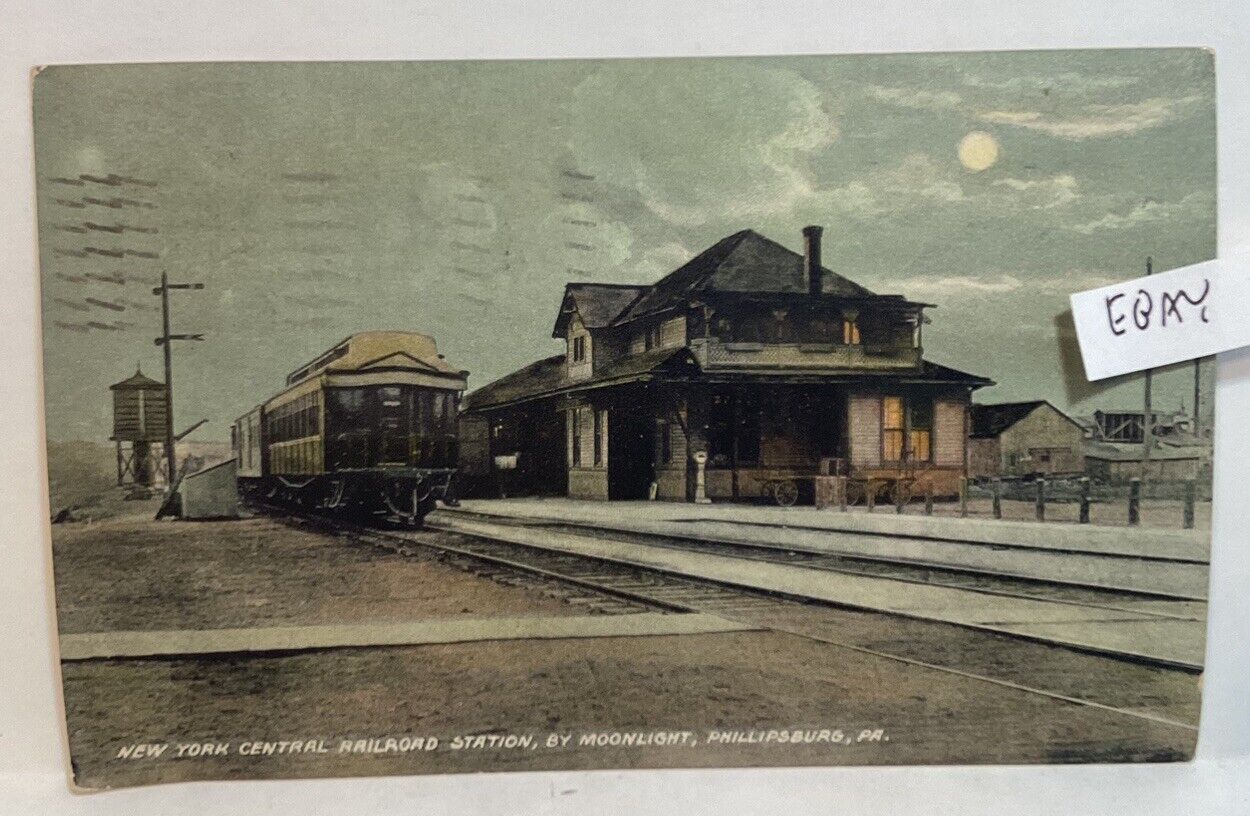 1909 PHILLIPSBURG PA NEW YORK CENTRAL RAILROAD STATION TRAIN WATER TANK POSTCARD