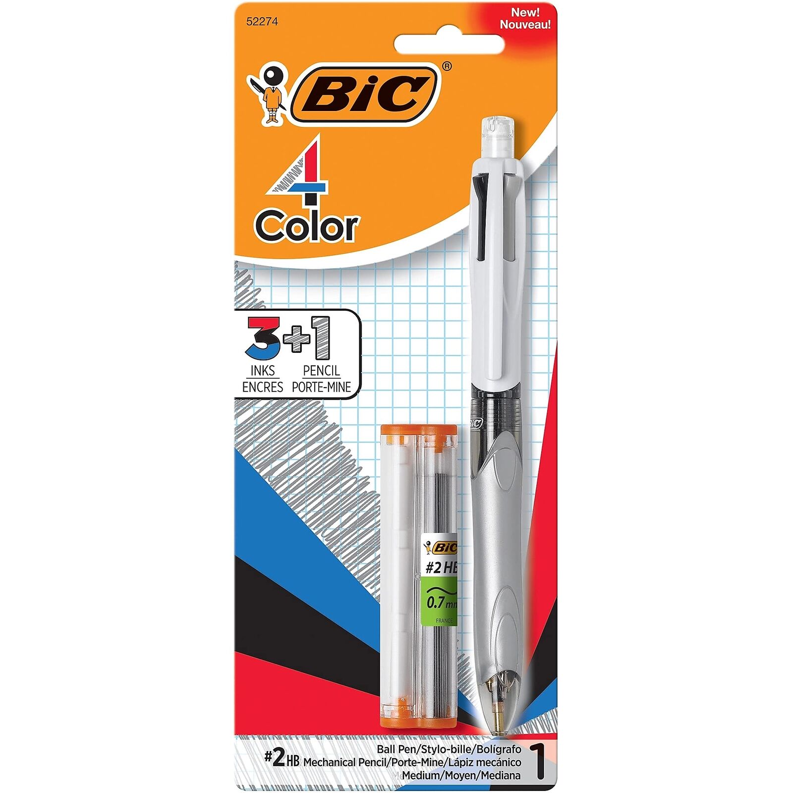 Bic 4-Color 3+1 Medium Point Ball Pen/0.7Mm Lead 1-Pack Blister Wholesale in pck