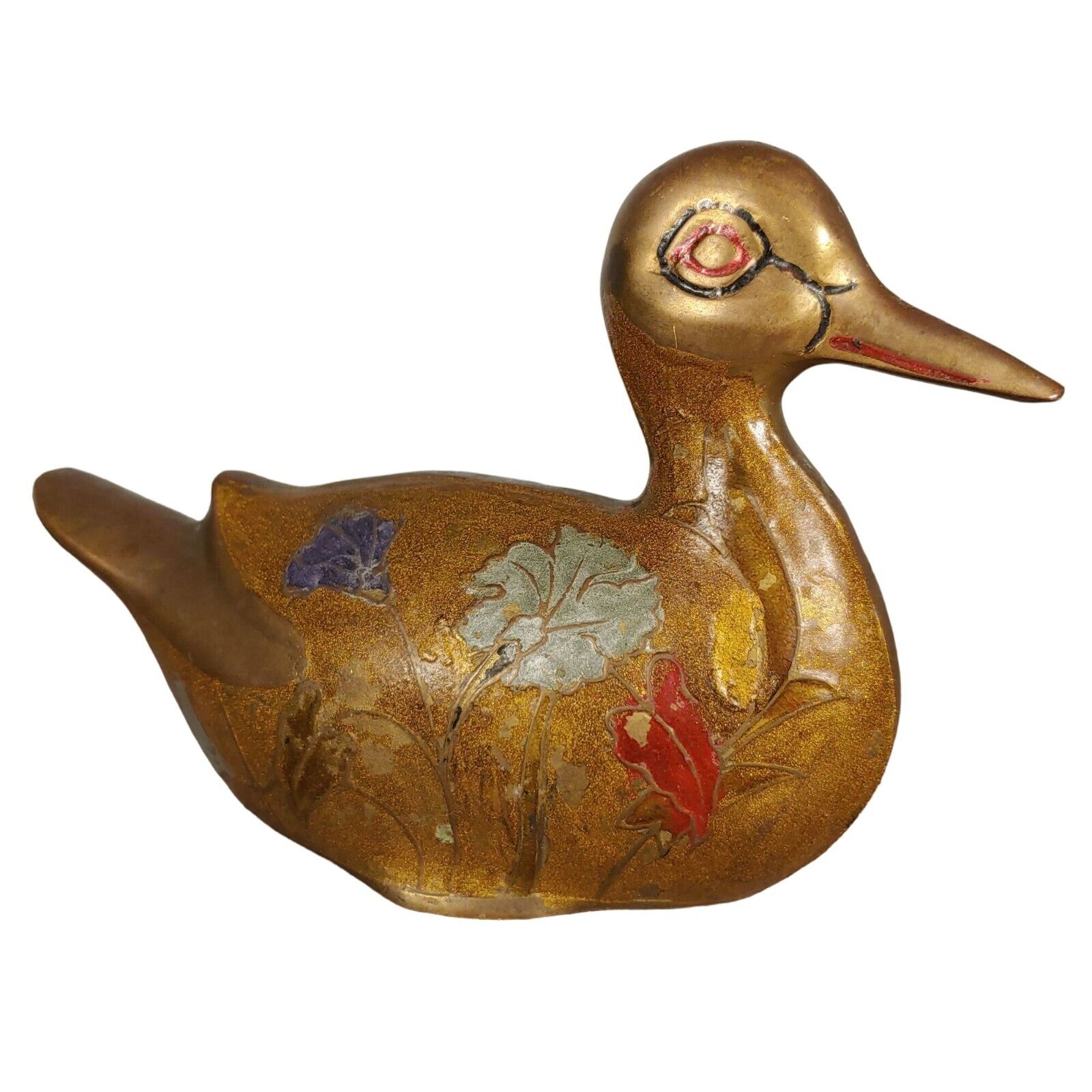 Vintage Brass Mallard Duck Etched Floral Artwork Hand Painted Décor 5\
