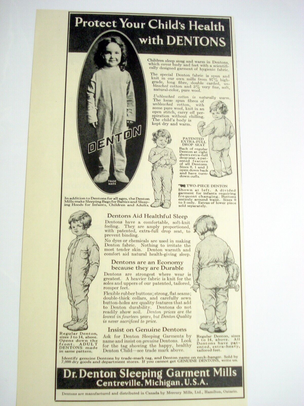1932 Ad Dr. Denton Sleeping Garments For Children Centreville, Michigan