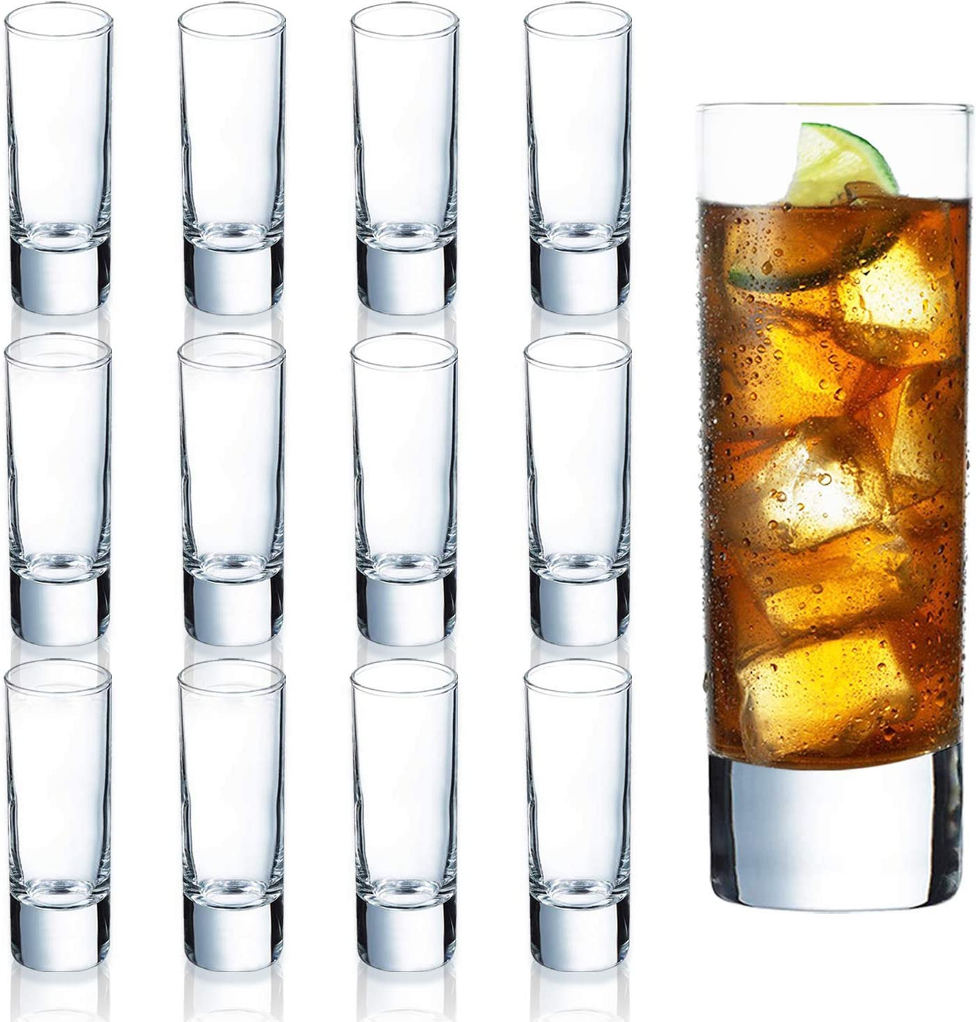 Clear Heavy Base Shot Glasses 12 Pack, 2 Oz Tall Glass Set for Whiskey, Tequila,