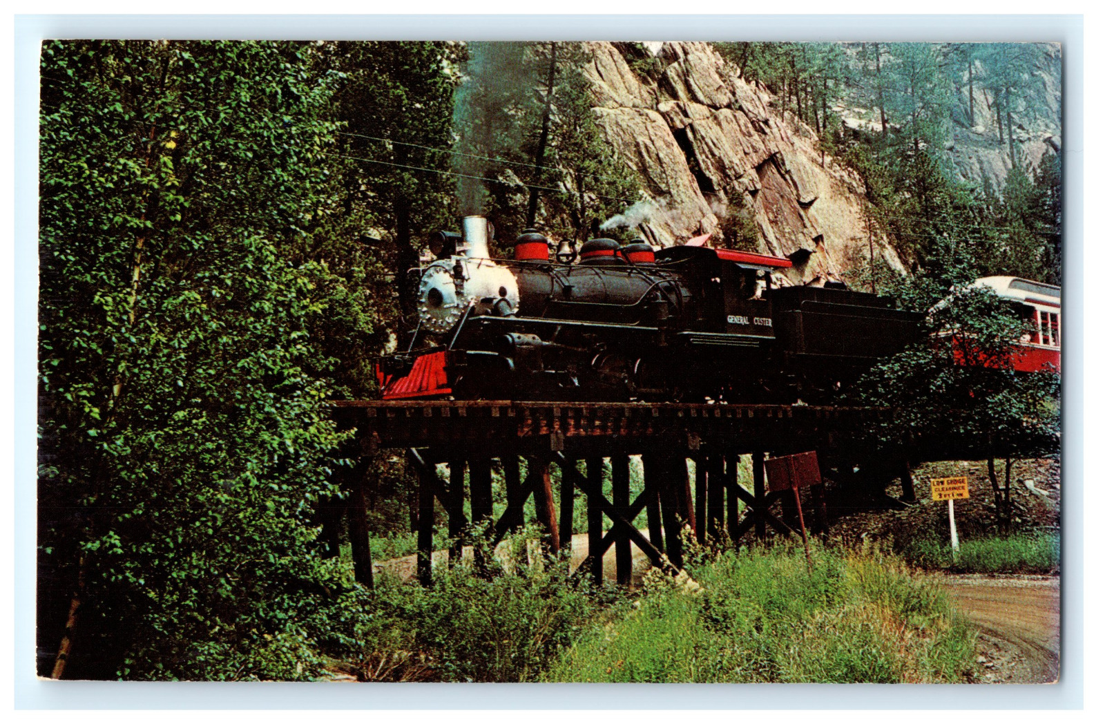 Postcard SD Keystone The 1880 Train General Custer Steam Locomotive on Bridge