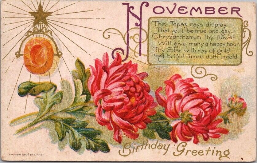 1910s NOVEMBER BIRTHDAY Embossed Postcard TOPAZ Stone / CHRYSANTHEMUM Flower