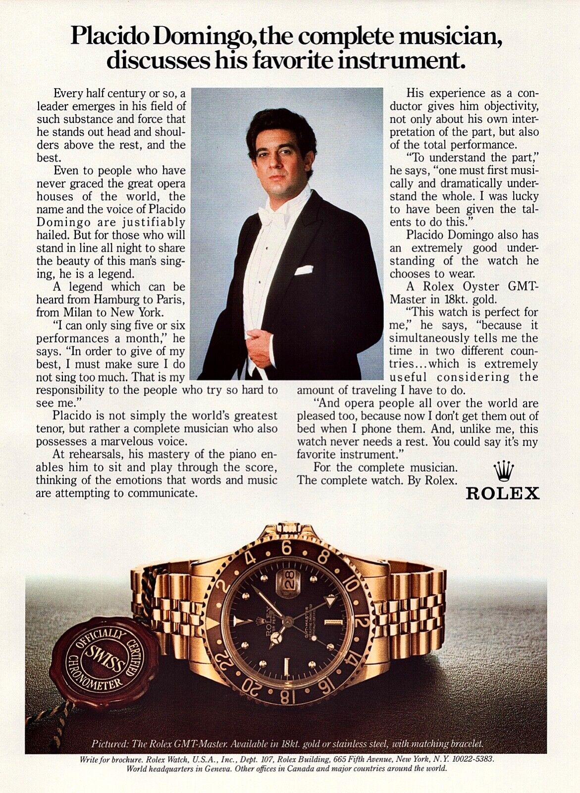 1982 Placido Domingo for ROLEX WATCH GMT-Master His Favorite Instrument PRINT AD