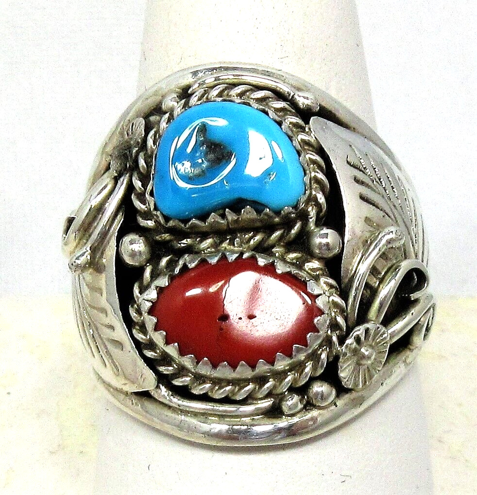 Native American Ring Size 12 L Spencer Turquoise Coral Sterling Silver #230