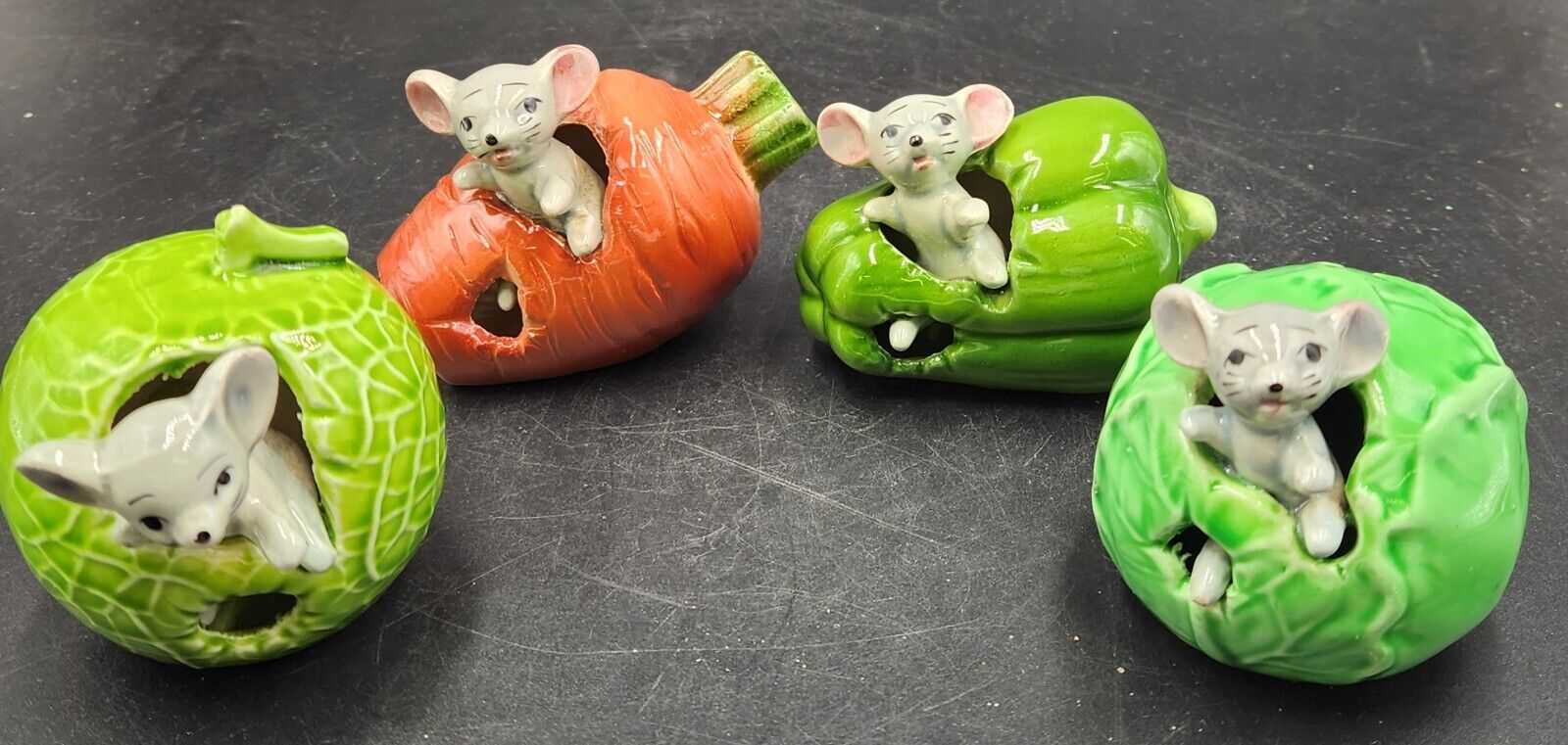 4 Vintage Ceramic Anthropomorphic Grey Mice In Vegetables Kitchy MCM 