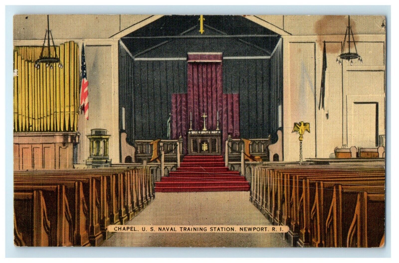 c1940\'s Chapel U.S Naval Training Station Interior Newport RI Vintage Postcard