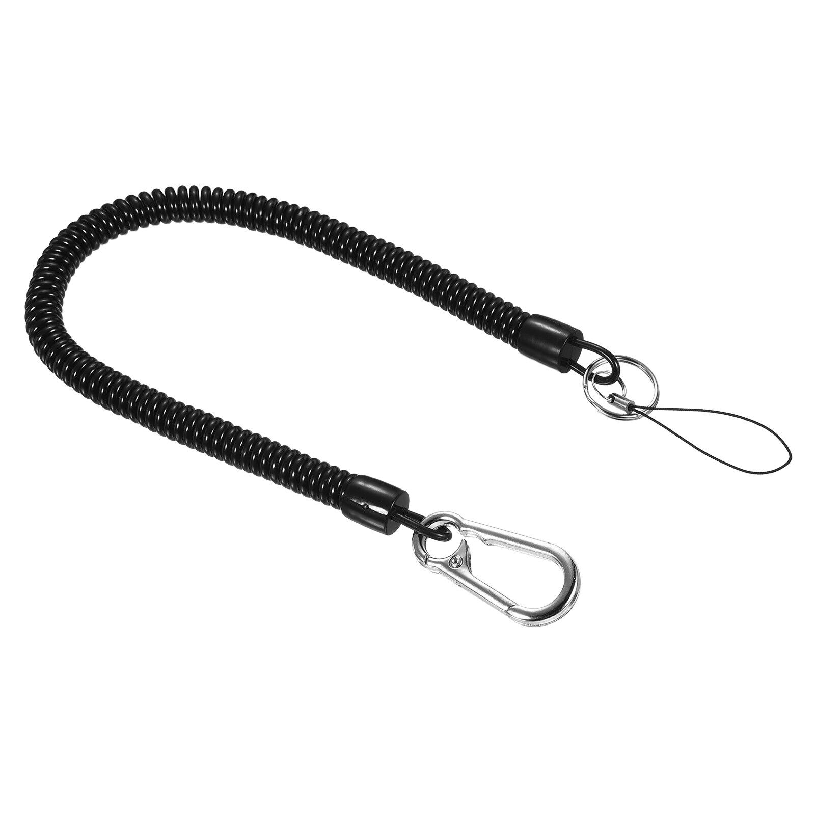 Retractable Coil Spring Keychain with Big Ring 380mm, 1 Pack Plastic Black