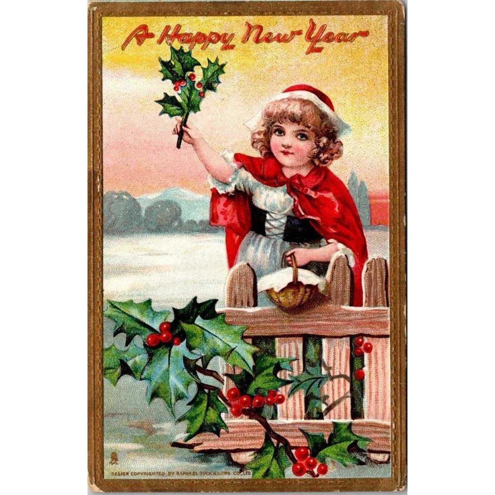 Vintage Postcard A Happy New Year Tuck's Post Card Girl with Holly Unposted