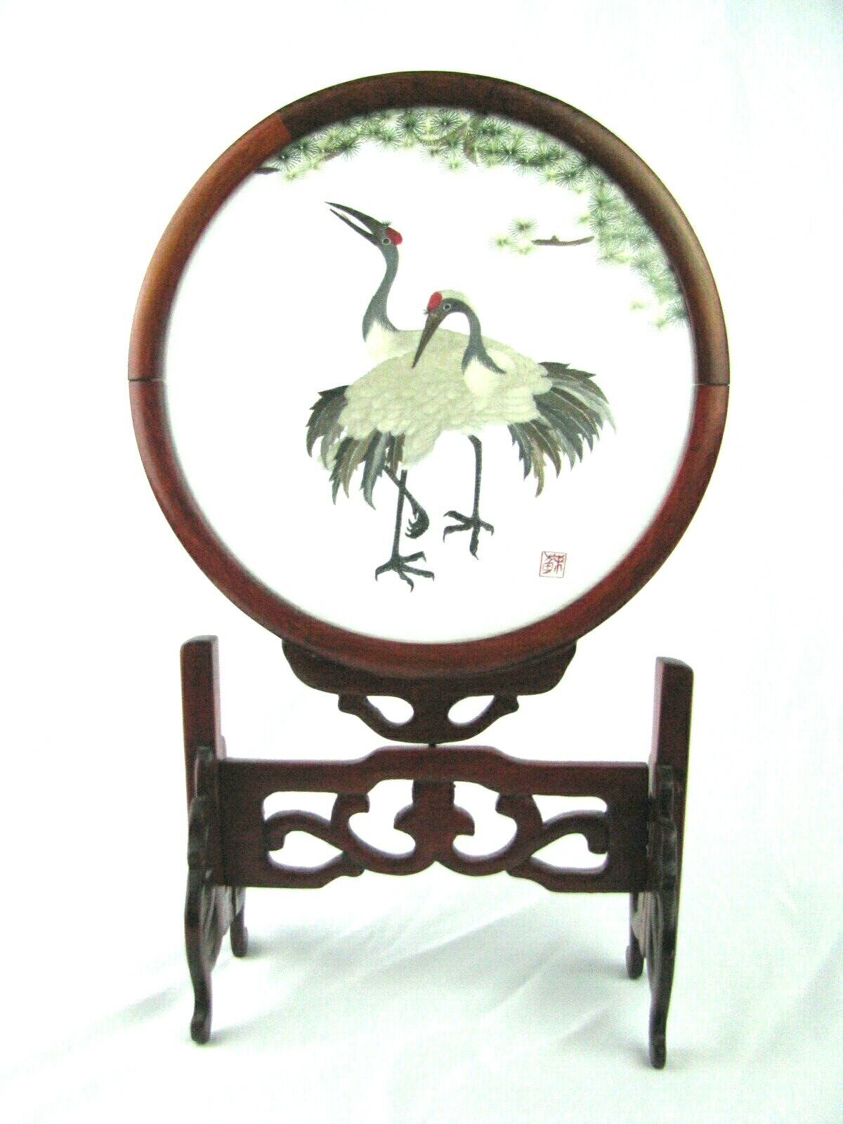 GORGEOUS OLD SIGNED CHINESE SILK CRANE EMBROIDERY IN CARVED ROSEWOOD WOOD STAND