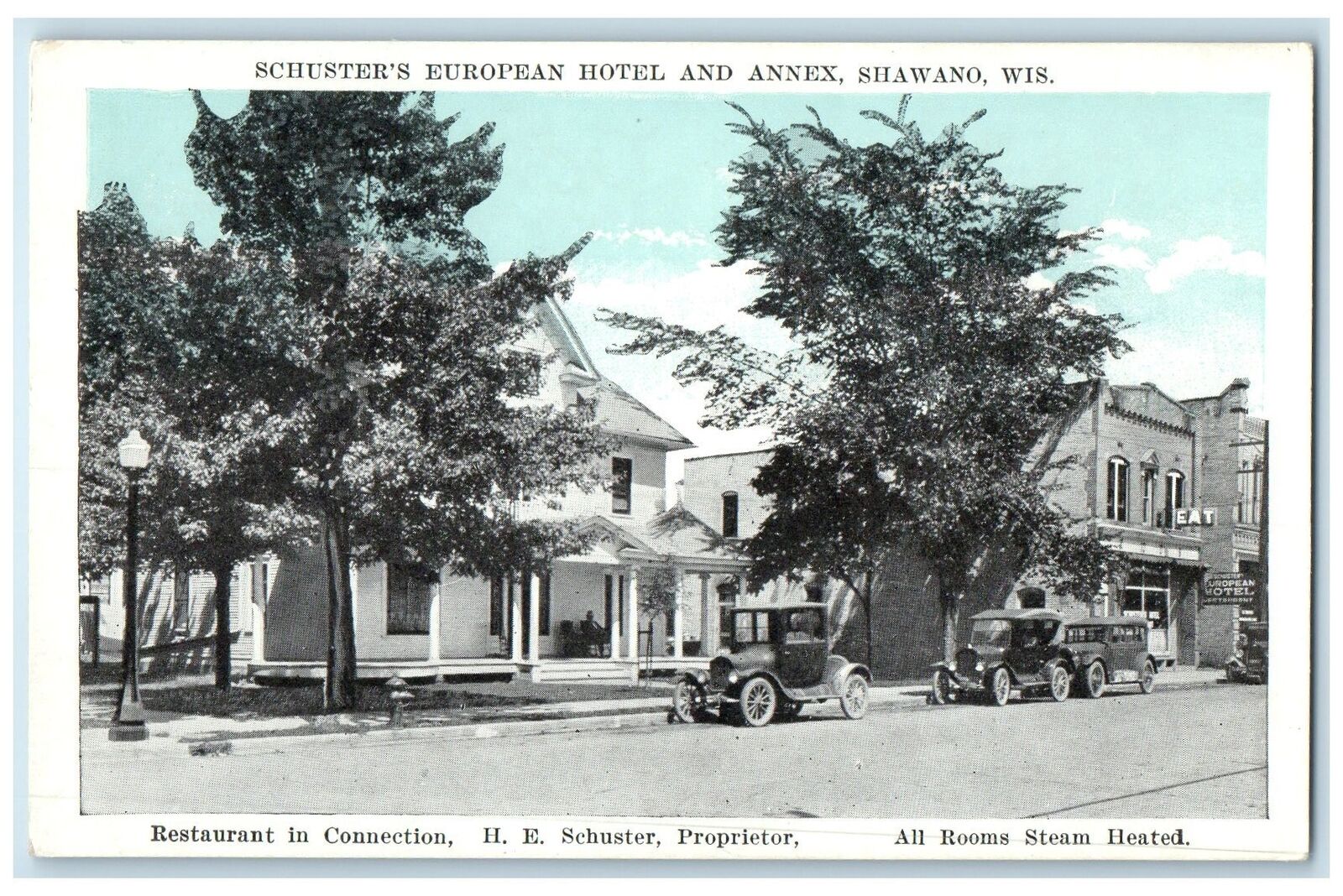 c1920\'s Schuster\'s European Hotel Restaurant & Annex Shawano Wisconsin Postcard